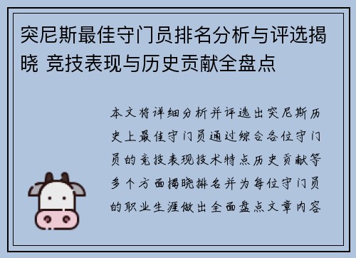 突尼斯最佳守门员排名分析与评选揭晓 竞技表现与历史贡献全盘点