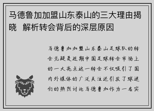 马德鲁加加盟山东泰山的三大理由揭晓 解析转会背后的深层原因 马德鲁加加盟山东泰山的三大理由揭晓 解析转会背后的深层原因